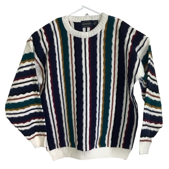 Always Relaxed Weekends Other - Vintage Mens XL Striped Knit Sweater Retro 90s Colorblock Crewneck Pullover